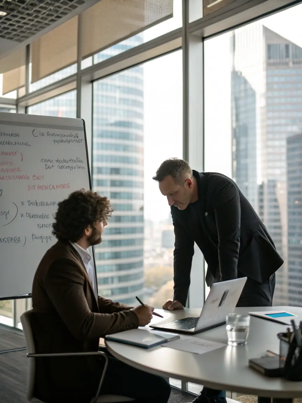 A coach guiding a business owner through a strategic planning session, emphasizing goal setting and actionable steps for achieving business objectives.