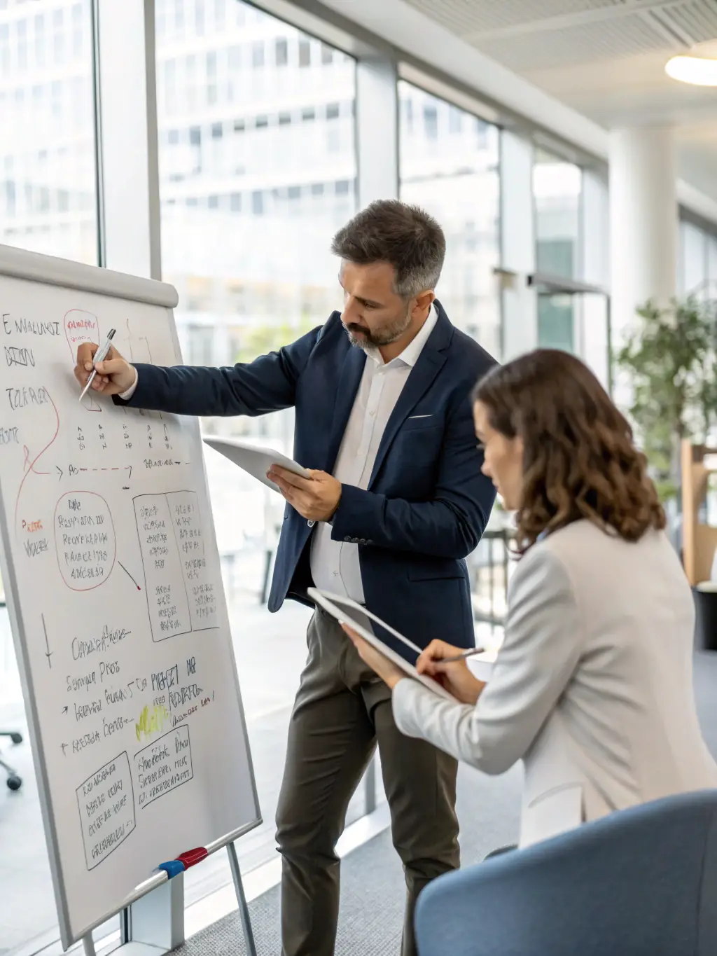 A professional coach guiding a business owner through a strategic planning session, with charts and graphs visible in the background, representing business growth.
