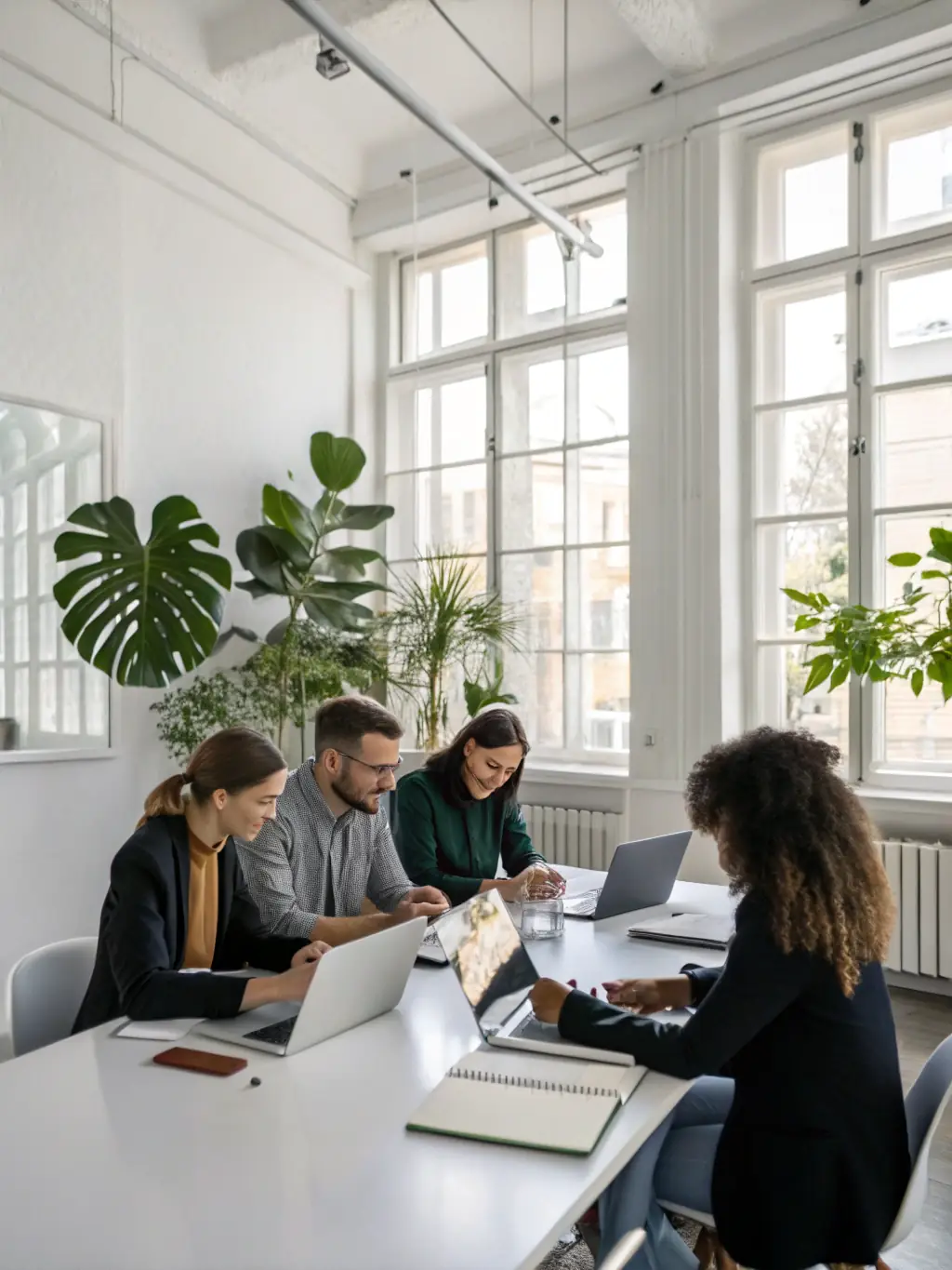 A diverse team collaborating in a modern office, brainstorming marketing strategies and innovative campaigns to boost brand awareness and sales.