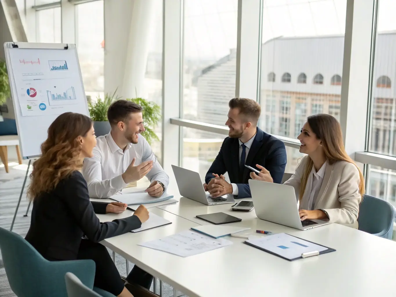 An image depicting a team collaborating on a marketing campaign, with digital marketing elements such as social media icons and data analytics dashboards.