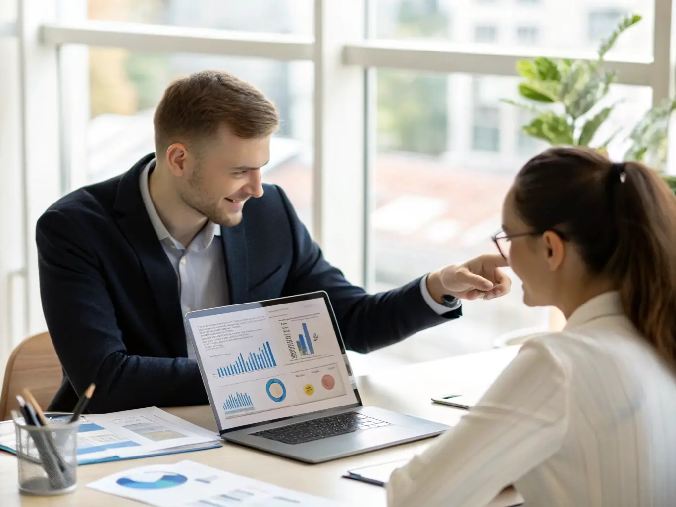 An image showing a coach guiding a business owner, with a focus on strategic planning and problem-solving in a modern office setting.